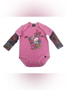Harley-Davidson Pink Glittery Creeper with Mesh Tattoo Sleeves Size 3/6 Months